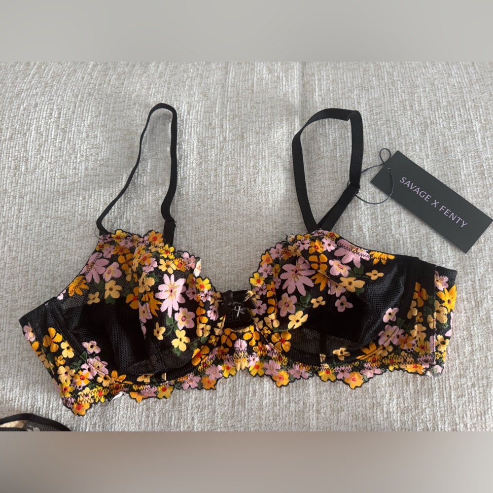 Savage X Fenty Black Bra with Pink and Yellow Floral Embroidery